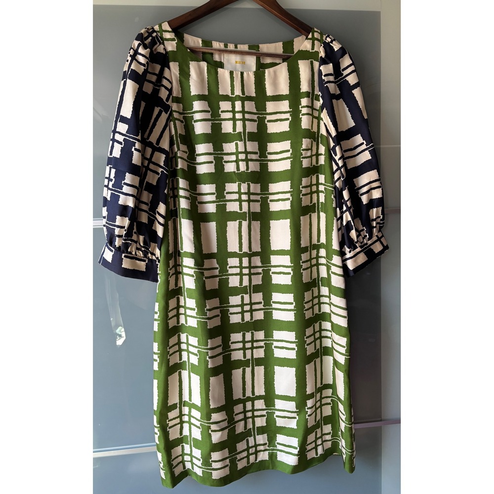 Maeve Anthropologie 100% Silk Green Plaid Geometric Puff Sleeve Shift Dress 6
